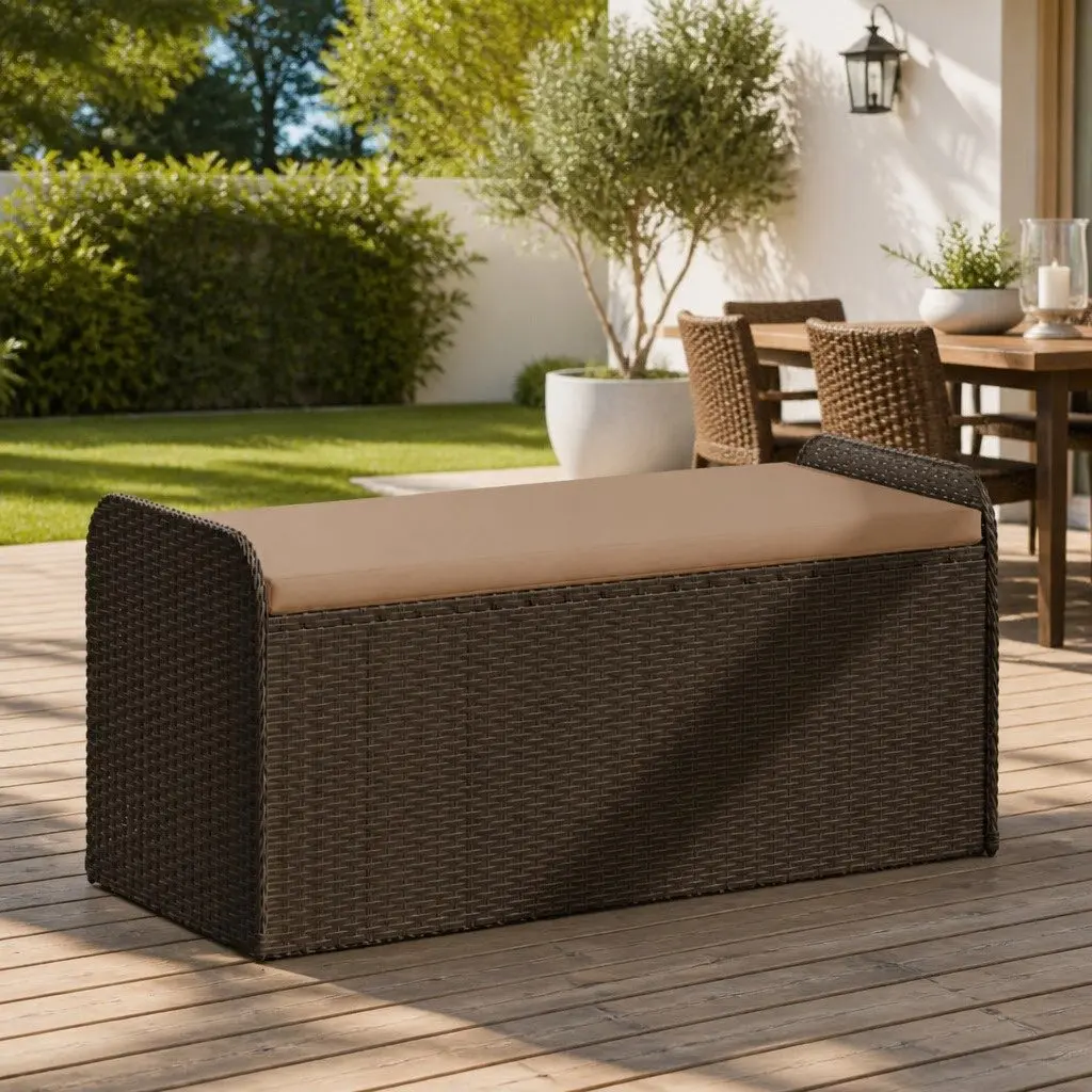 Outdoor Bench Poly Rattan Brown Garden Seating 115x51x52cm Cushioned Storage with Gas Spring Lid