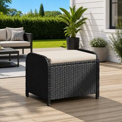 Garden Stool with Cushion Black Outdoor Foot Rest Poly Rattan Patio Furniture