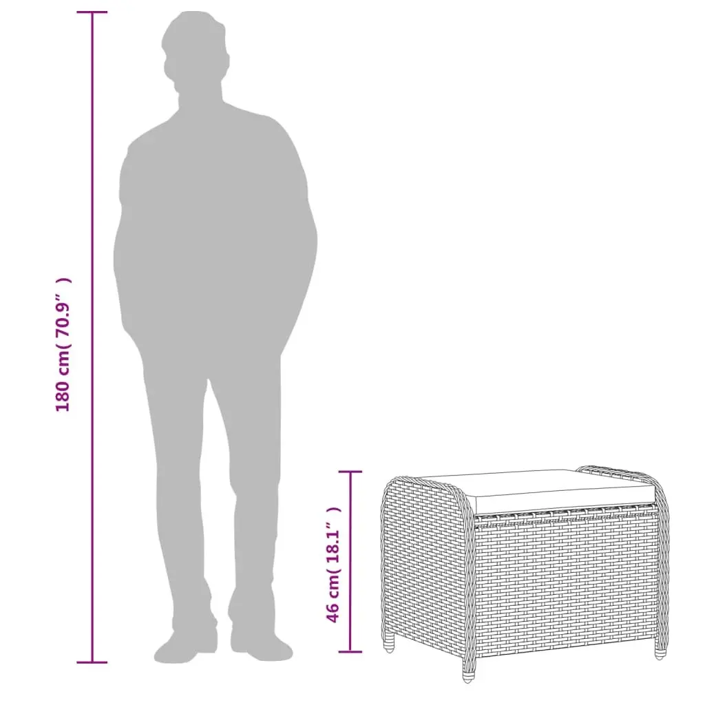Garden Stool Poly Rattan Grey Outdoor Foot Rest Padded Seat 58W x 46D x 46H cm