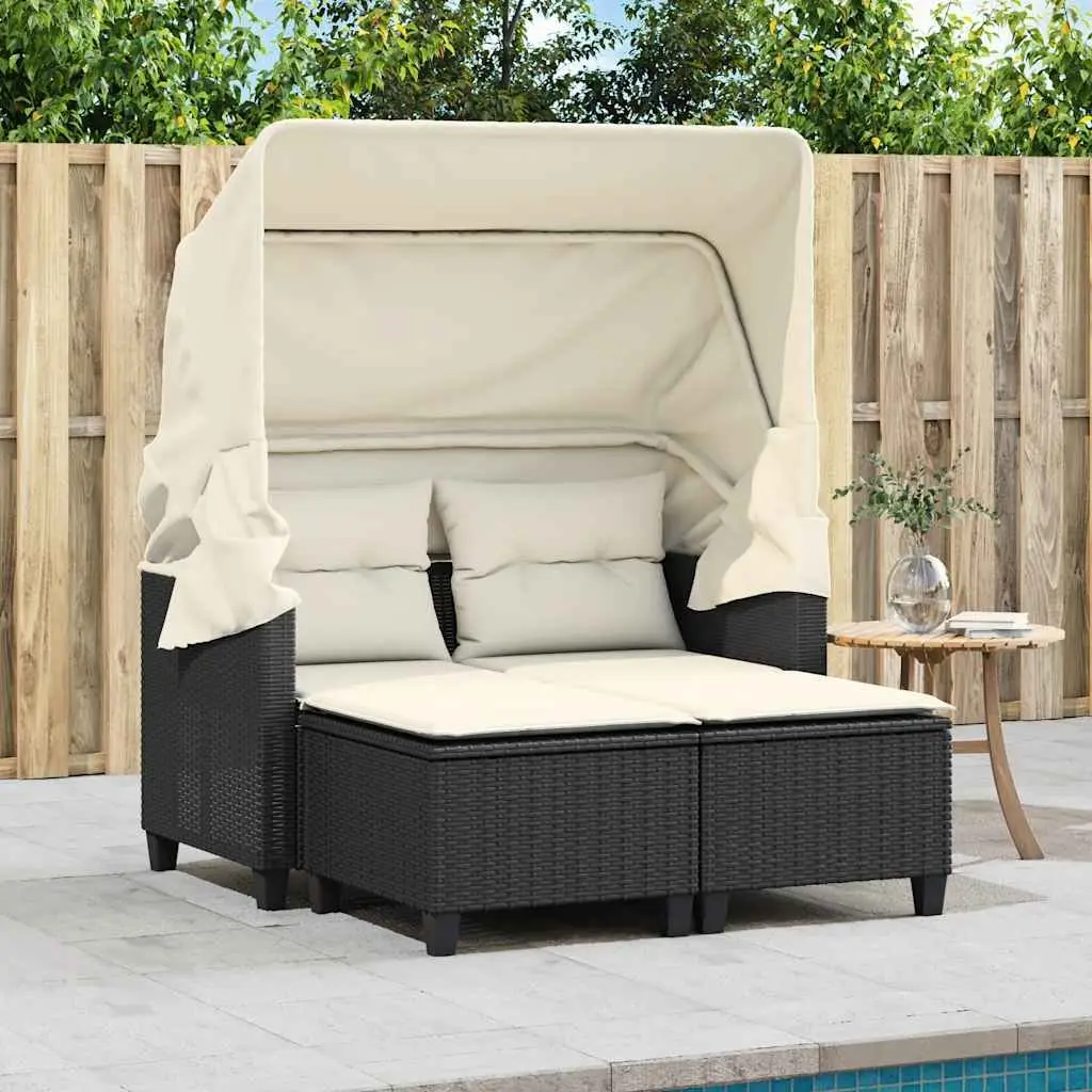 Outdoor Garden Sofa PE Rattan 2-Seater Black with Retractable Canopy and Stools