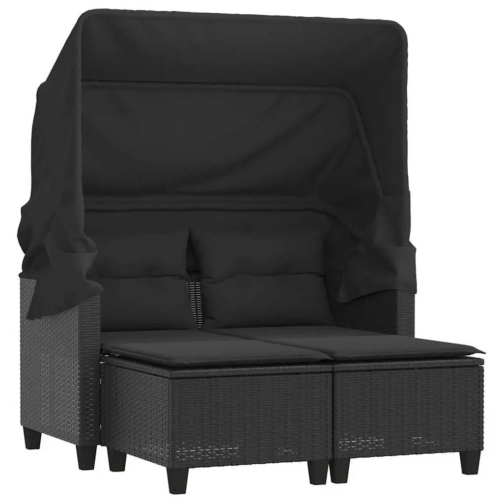 Outdoor Lounge Set 2-Seater Poly Rattan Black with Retractable Canopy and Stools
