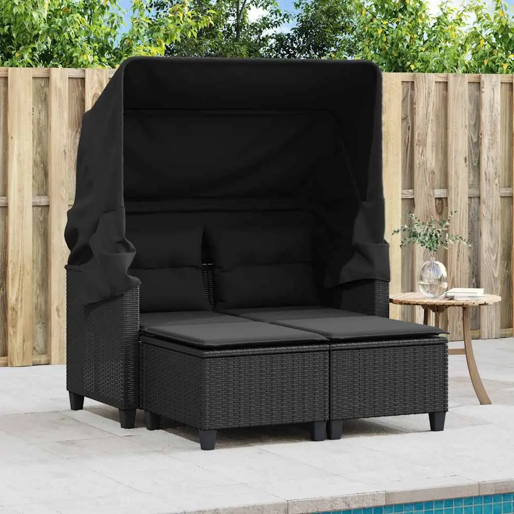 Outdoor Lounge Set 2-Seater Poly Rattan Black with Retractable Canopy and Stools