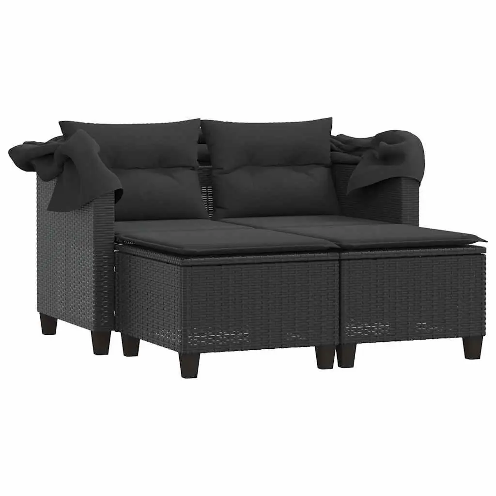 Outdoor Lounge Set 2-Seater Poly Rattan Black with Retractable Canopy and Stools