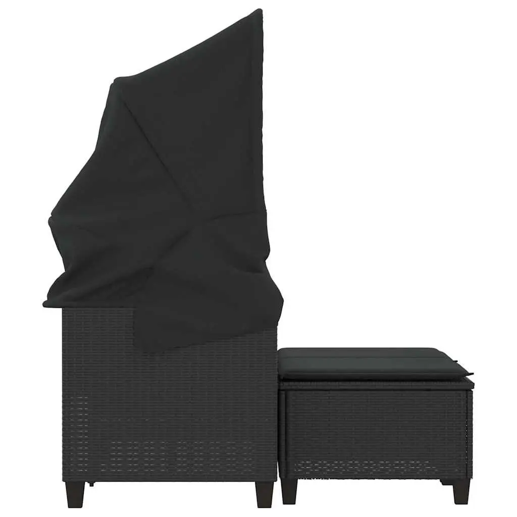 Outdoor Lounge Set 2-Seater Poly Rattan Black with Retractable Canopy and Stools