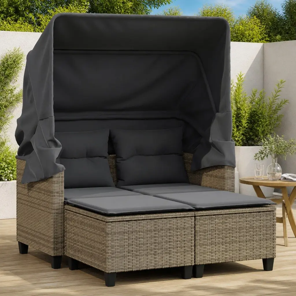Outdoor 2-Seater Sofa with Canopy and Stools Grey Rattan Construction