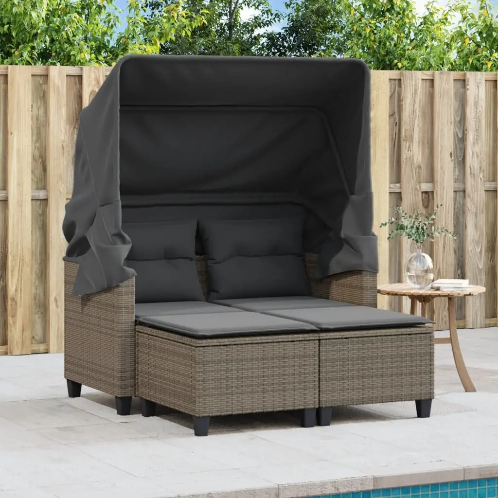 Outdoor 2-Seater Sofa with Canopy and Stools Grey Rattan Construction