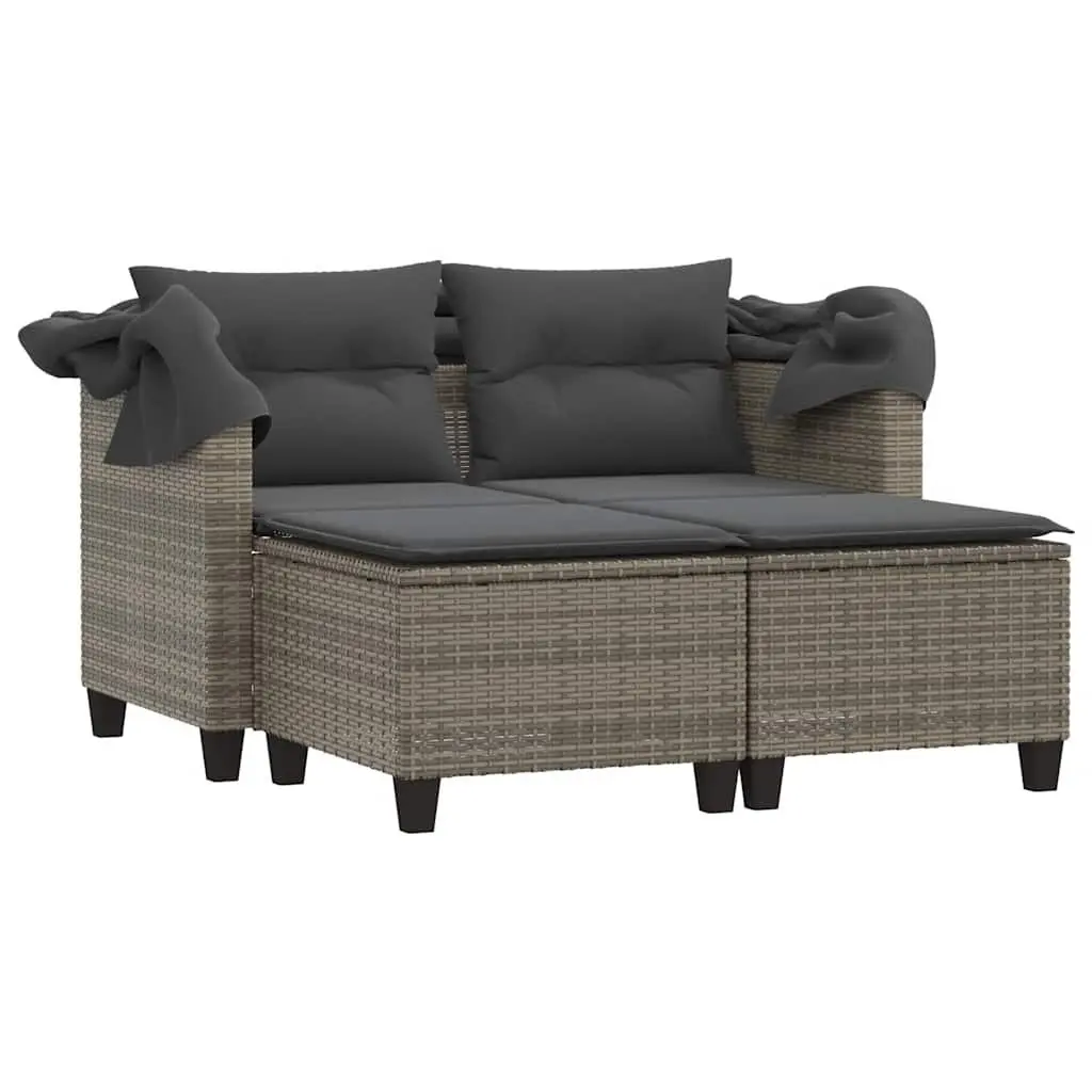 Outdoor 2-Seater Sofa with Canopy and Stools Grey Rattan Construction