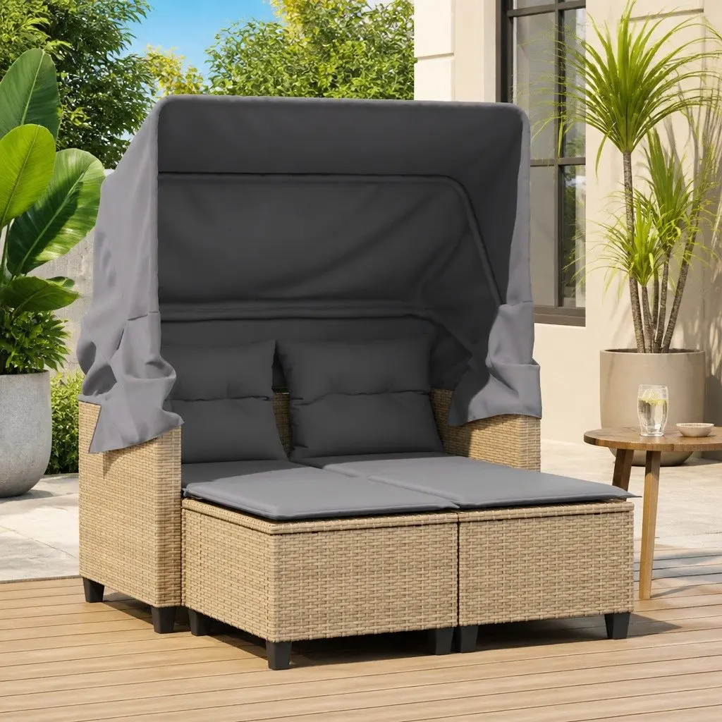 2-Seater Outdoor Sofa with Canopy and Stools