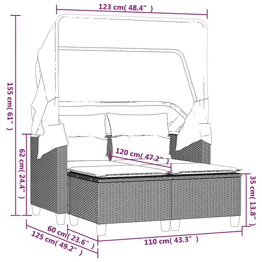 2-Seater Outdoor Sofa with Canopy and Stools