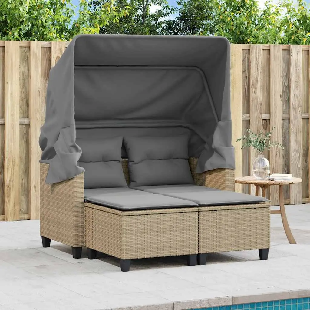 2-Seater Outdoor Sofa with Canopy and Stools
