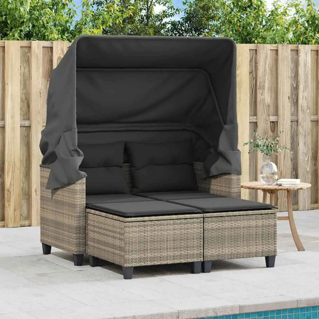 Garden Sofa 2-Seater with Canopy and Stools Grey Poly Rattan Outdoor