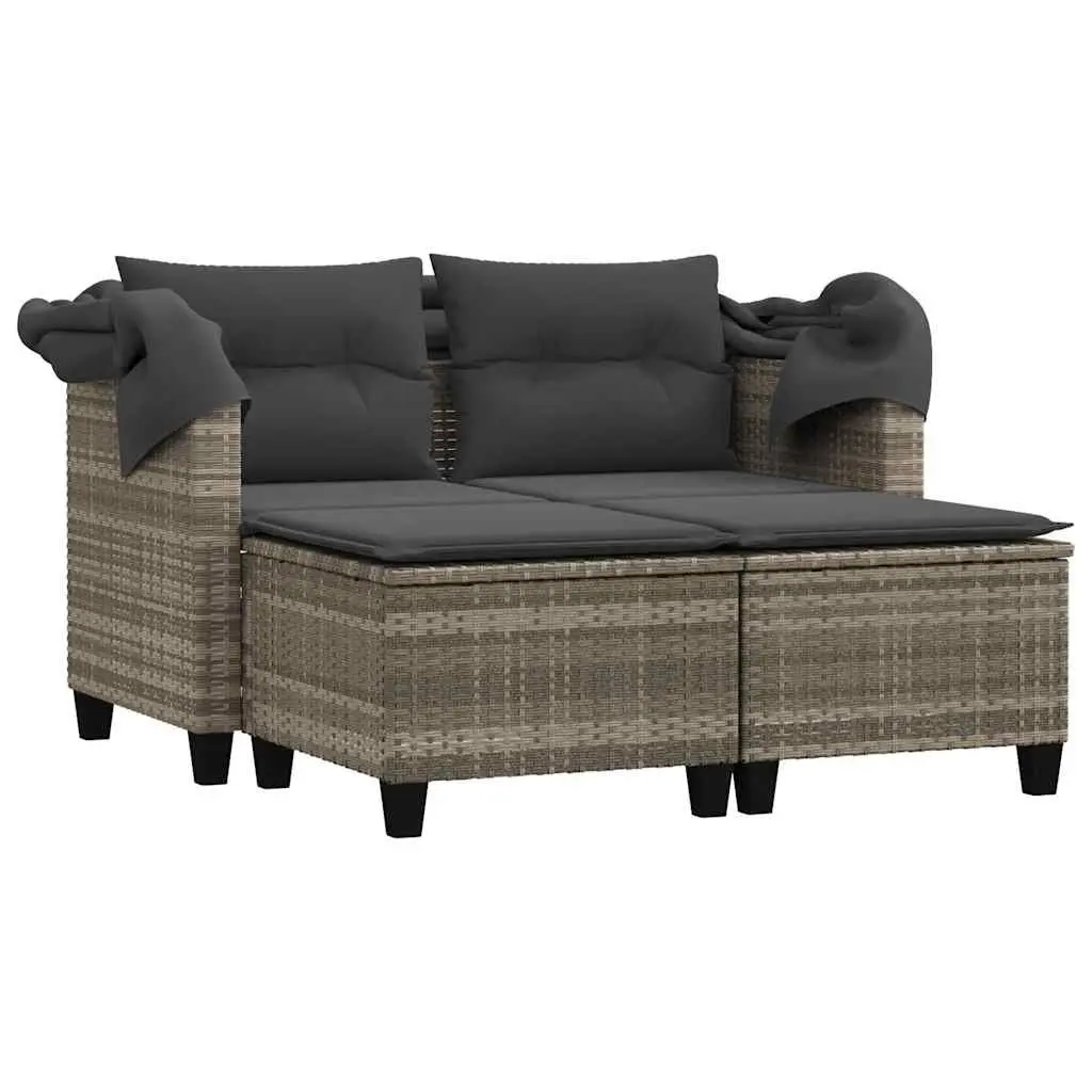 Garden Sofa 2-Seater with Canopy and Stools Grey Poly Rattan Outdoor