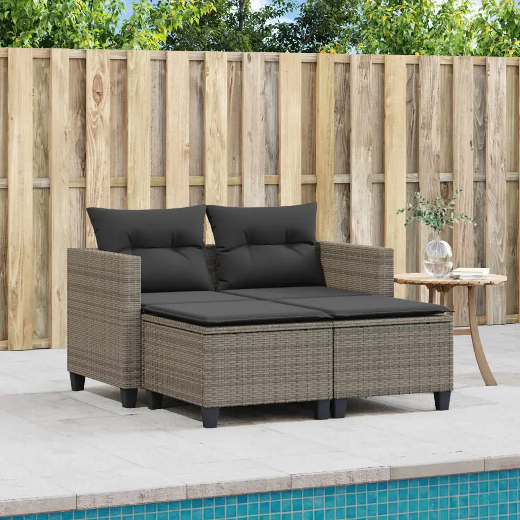 2-Seater Outdoor Sofa Grey Poly Rattan with Stools Patio Lounge Furniture
