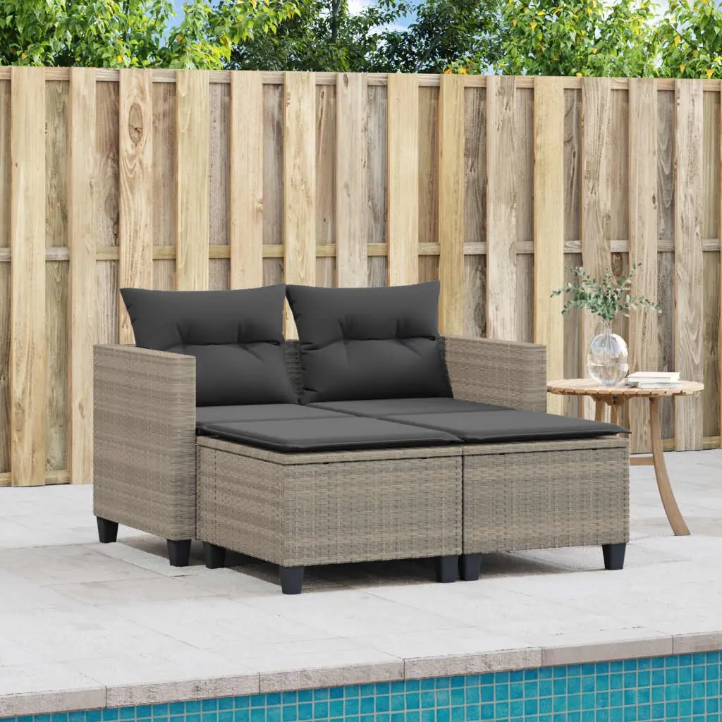 Outdoor Poly Rattan 2-Seater Sofa with Stools Light Grey Garden Furniture