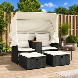 Outdoor Sofa 2-Seater with Retractable Canopy Stools Poly Rattan Black Garden