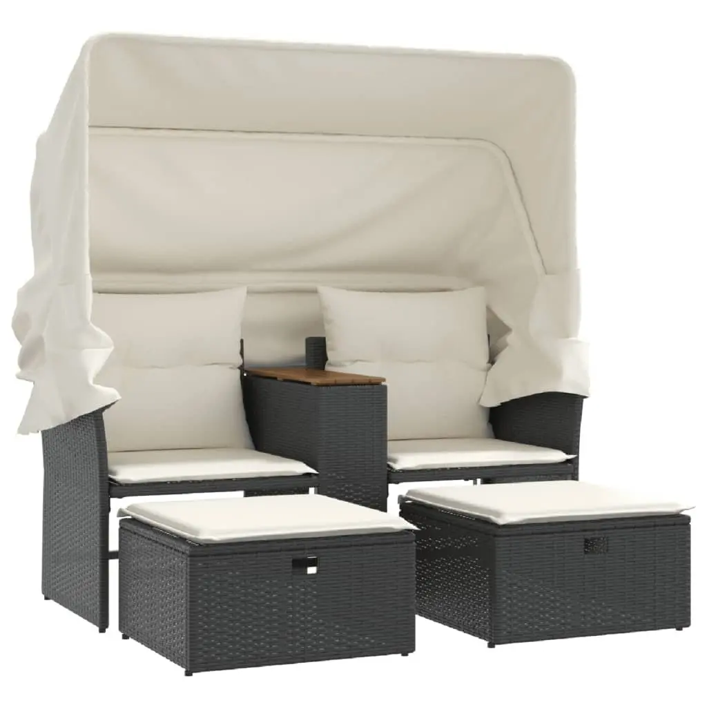 Garden Sofa Poly Rattan 2-Seater with Canopy and Stools Black Outdoor Patio