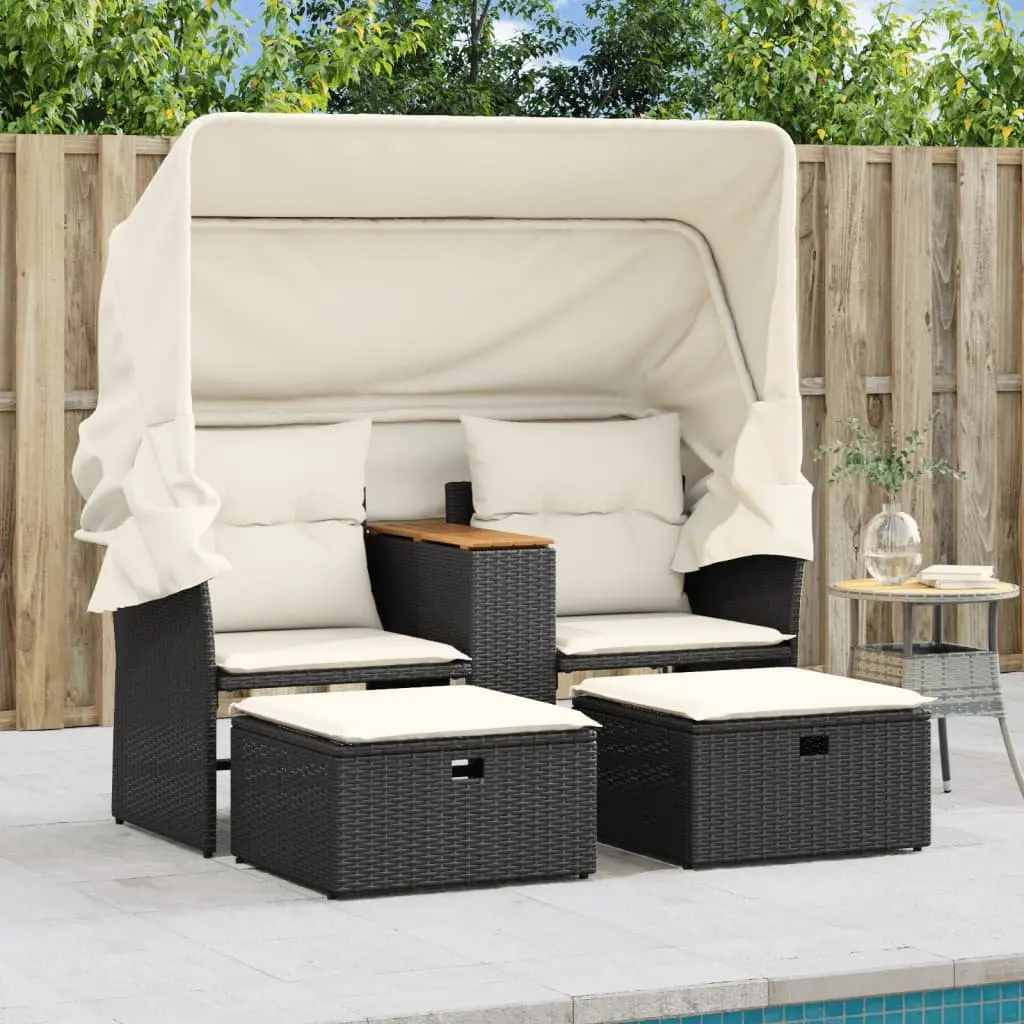 Garden Sofa Poly Rattan 2-Seater with Canopy and Stools Black Outdoor Patio