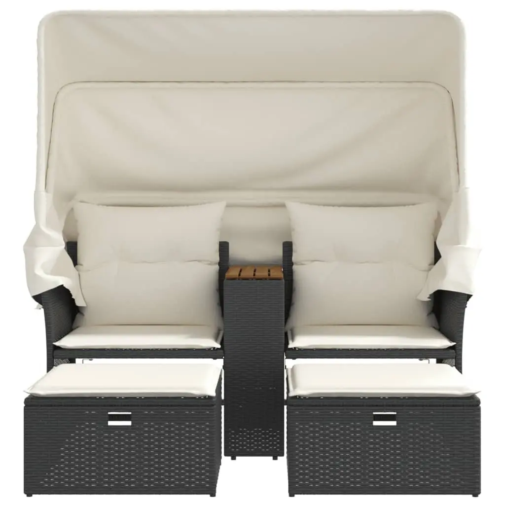 Garden Sofa Poly Rattan 2-Seater with Canopy and Stools Black Outdoor Patio
