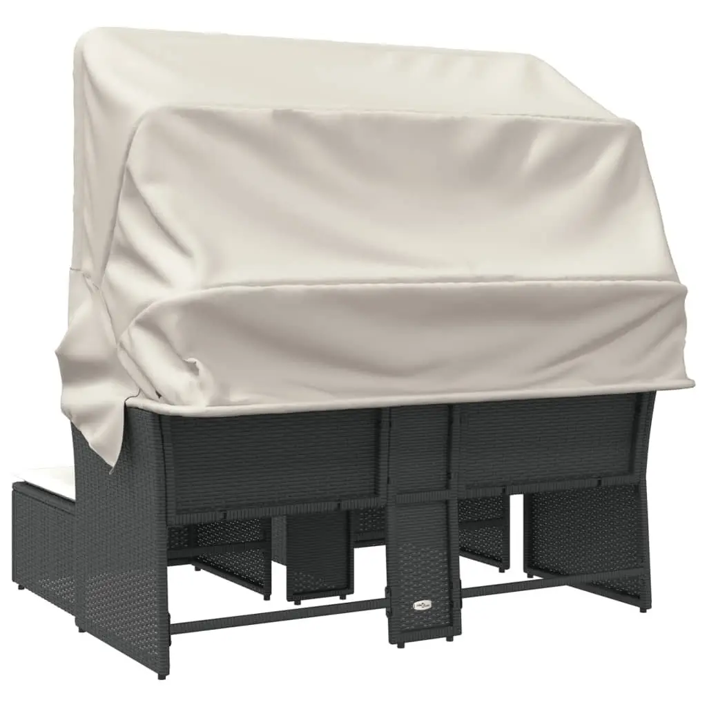 Garden Sofa Poly Rattan 2-Seater with Canopy and Stools Black Outdoor Patio