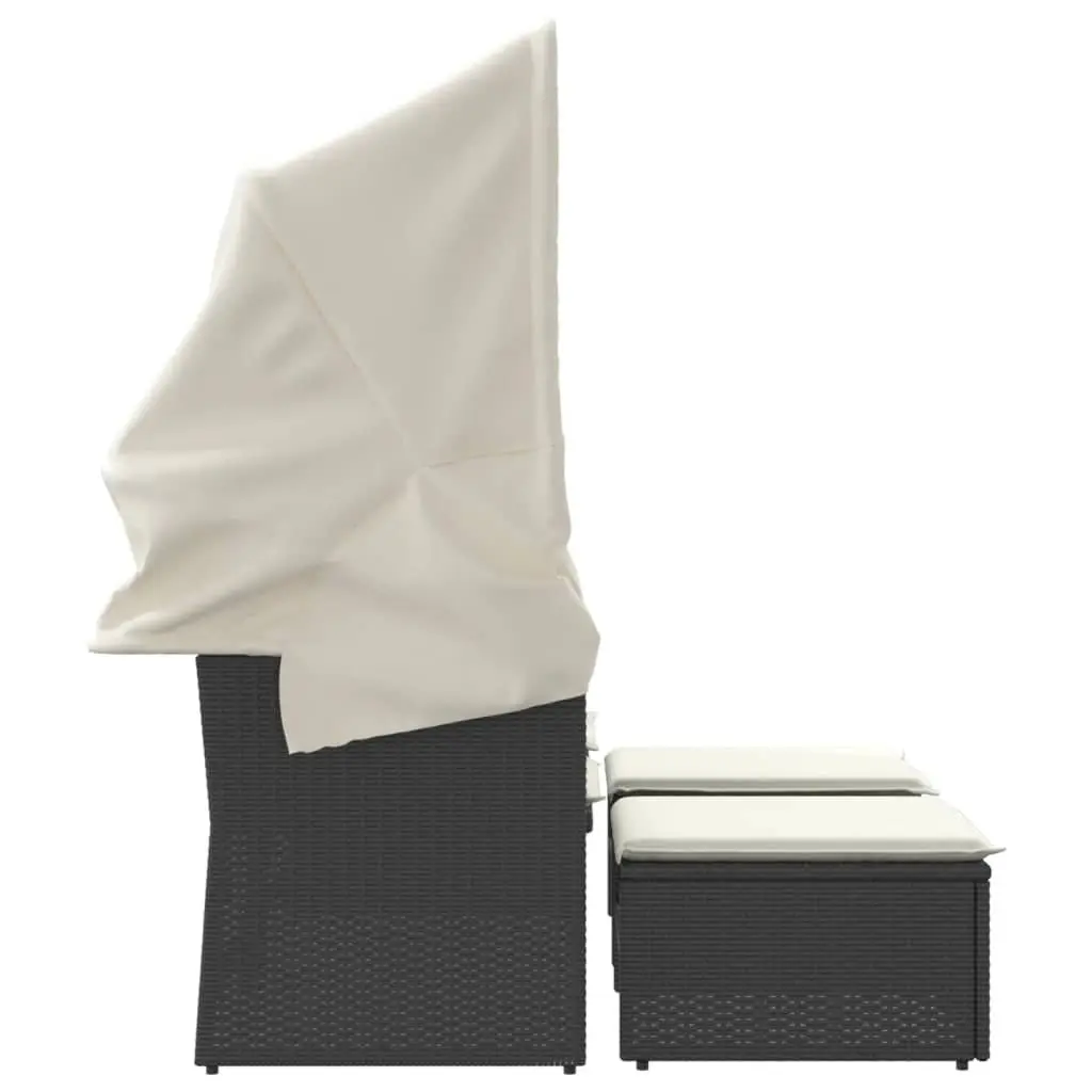 Garden Sofa Poly Rattan 2-Seater with Canopy and Stools Black Outdoor Patio