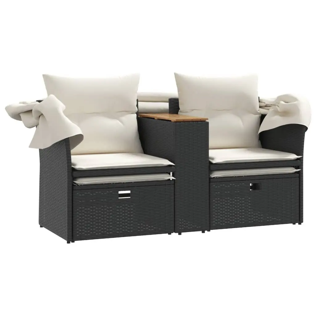 Garden Sofa Poly Rattan 2-Seater with Canopy and Stools Black Outdoor Patio