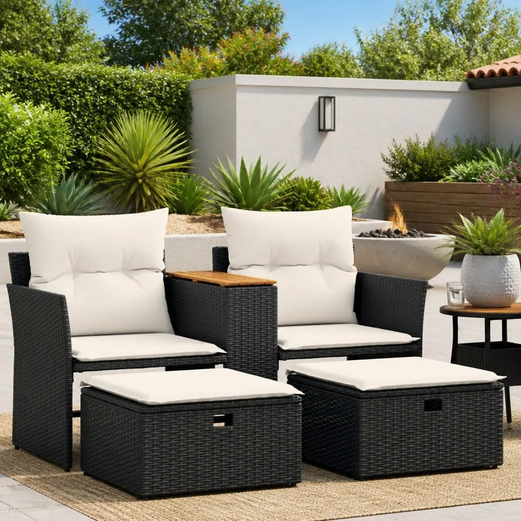 2SeaterGardenSofaBlackPErattanOutdoorFurnitureWithStoolsAndCentralTable