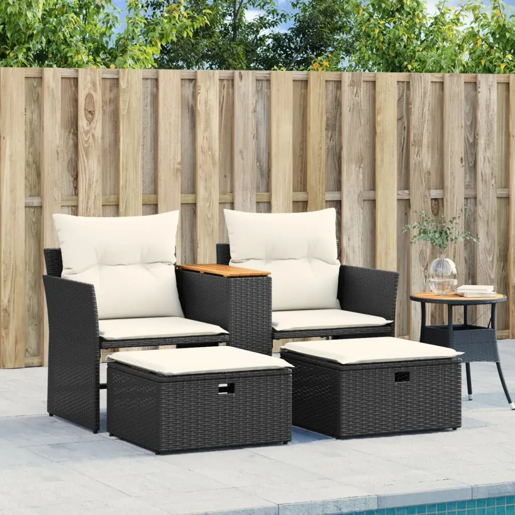 2SeaterGardenSofaBlackPErattanOutdoorFurnitureWithStoolsAndCentralTable