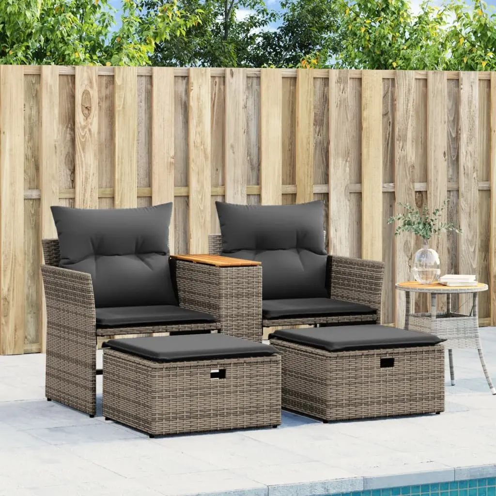 2-Seater Garden Sofa Grey PE Rattan with Stools and Central Table Outdoor Patio Furniture
