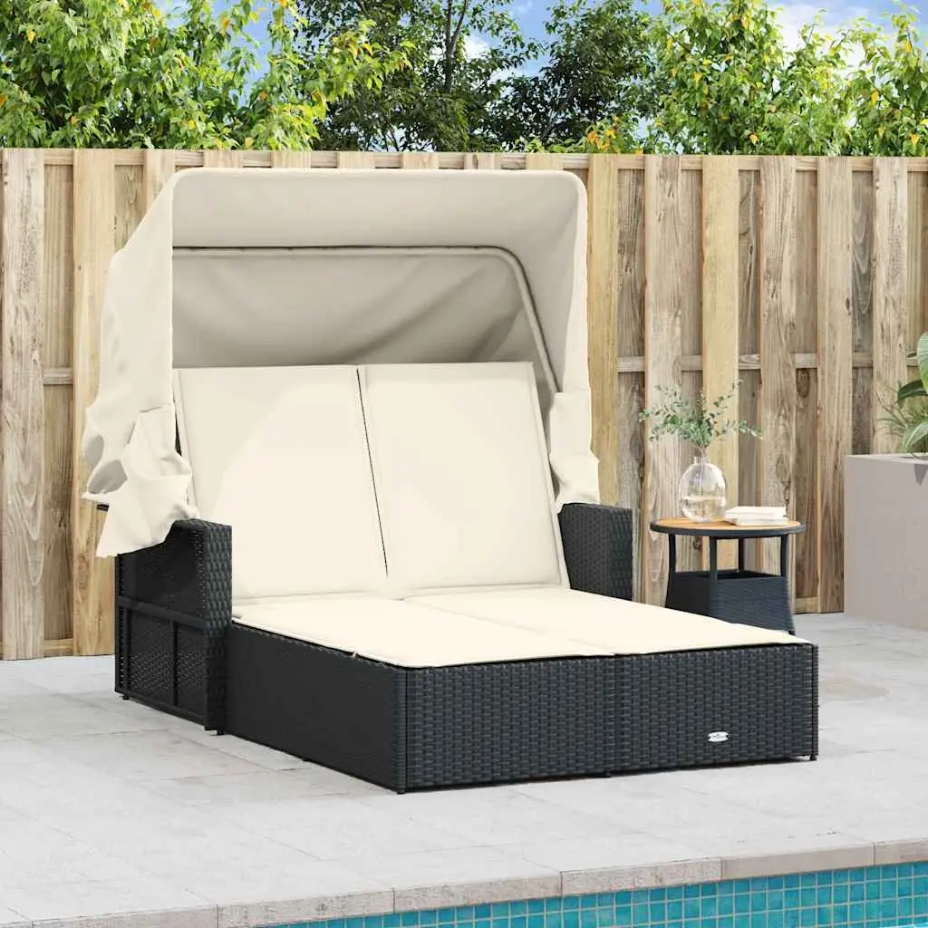 Double Sun Lounger PE Rattan Black Outdoor Furniture with Canopy and Cushions