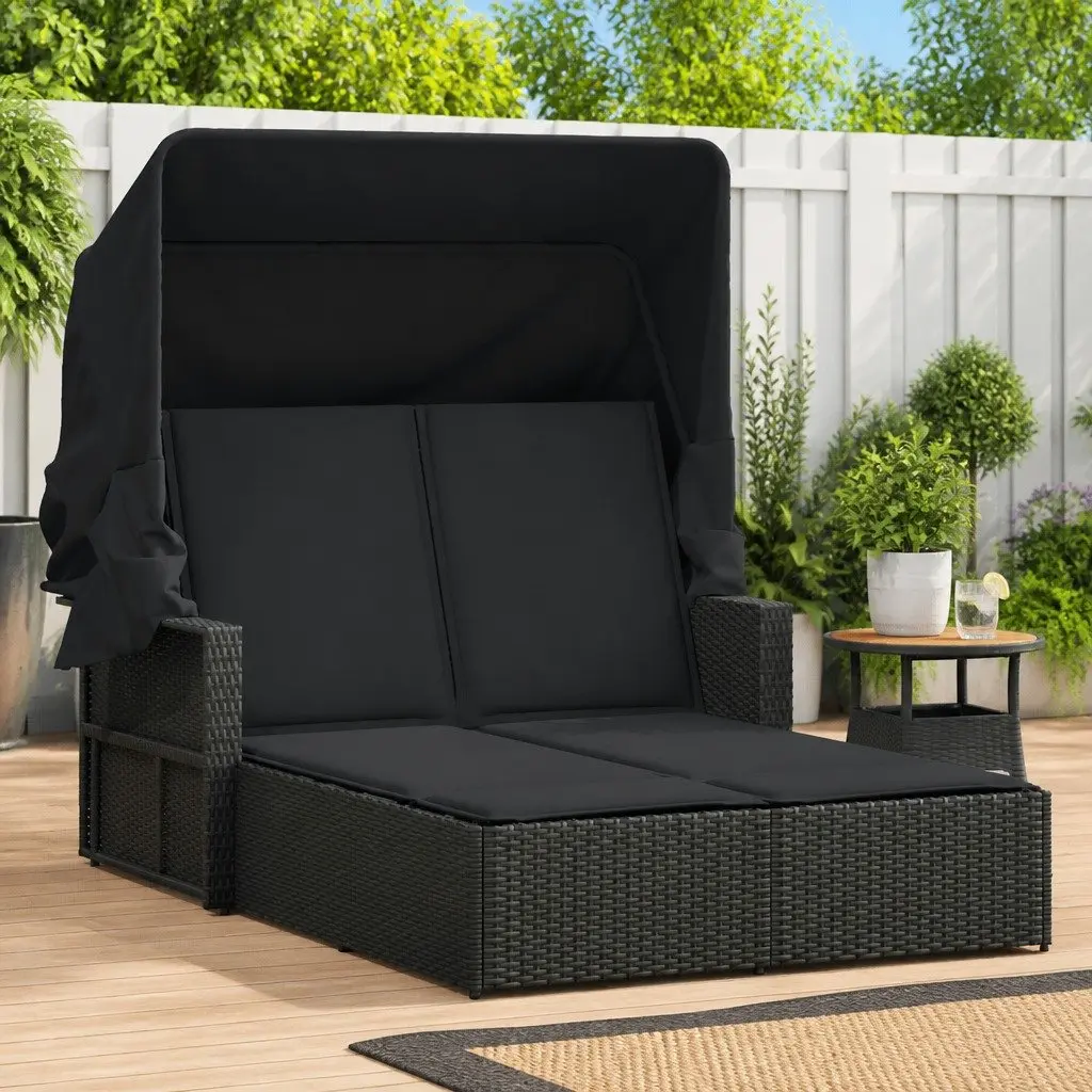 Double Sun Lounger PE Rattan Adjustable Backrest Retractable Canopy Black