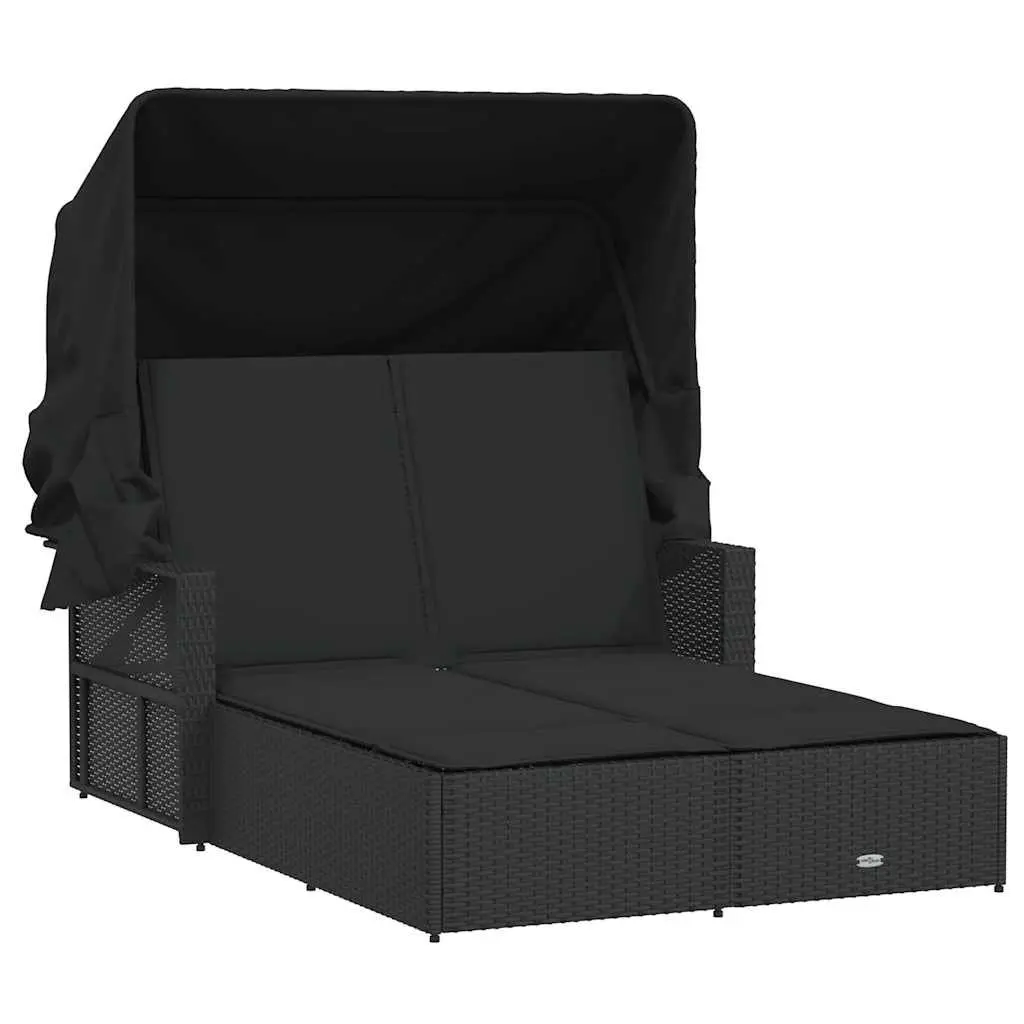 Double Sun Lounger PE Rattan Adjustable Backrest Retractable Canopy Black