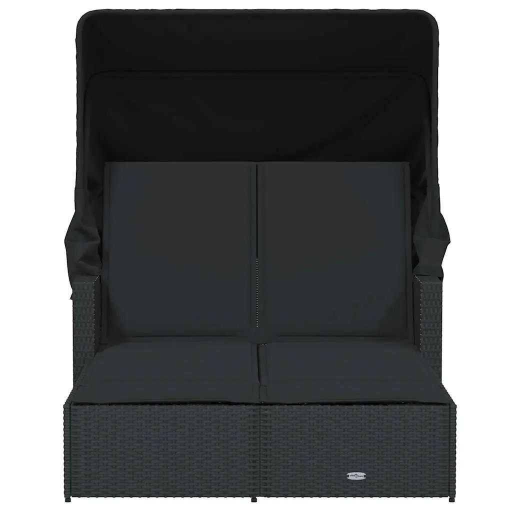 Double Sun Lounger PE Rattan Adjustable Backrest Retractable Canopy Black