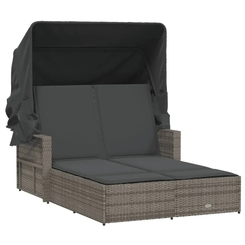 Double Sun Lounger Grey PE Rattan Outdoor Seating Adjustable Backrest Retractable Canopy Thick Cushions