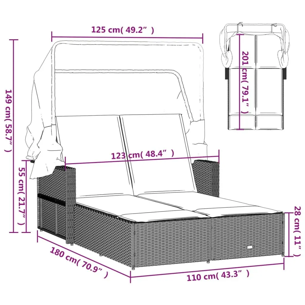 Double Sun Lounger Grey PE Rattan Outdoor Seating Adjustable Backrest Retractable Canopy Thick Cushions