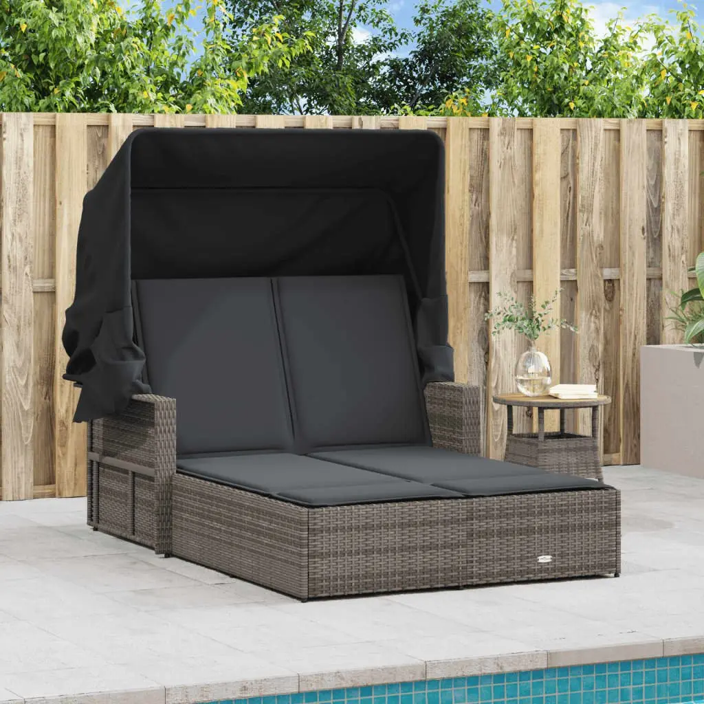 Double Sun Lounger Grey PE Rattan Outdoor Seating Adjustable Backrest Retractable Canopy Thick Cushions