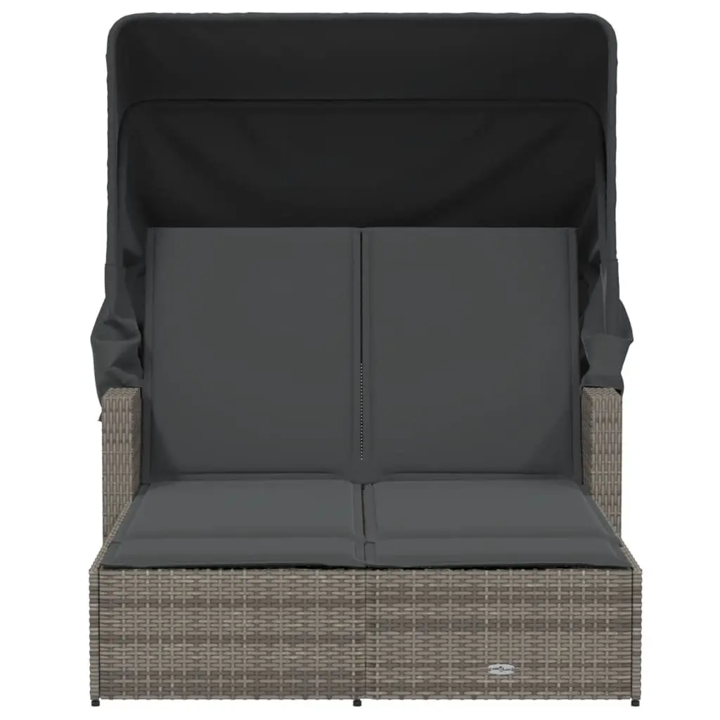 Double Sun Lounger Grey PE Rattan Outdoor Seating Adjustable Backrest Retractable Canopy Thick Cushions