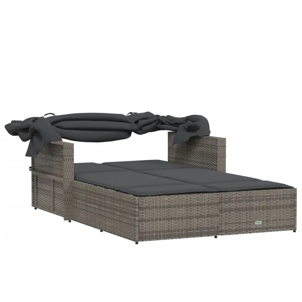 Double Sun Lounger Grey PE Rattan Outdoor Seating Adjustable Backrest Retractable Canopy Thick Cushions