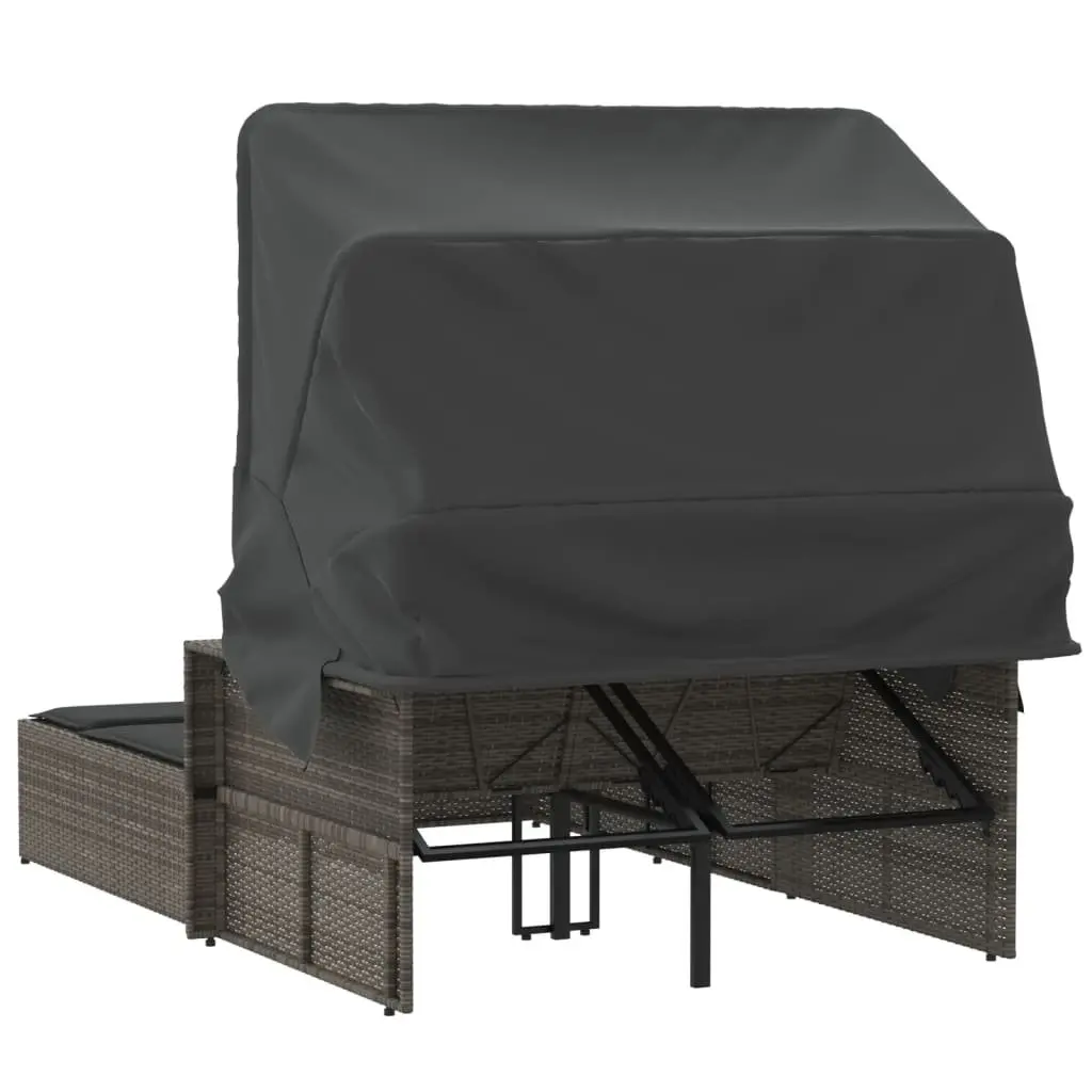 Double Sun Lounger Grey PE Rattan Outdoor Seating Adjustable Backrest Retractable Canopy Thick Cushions
