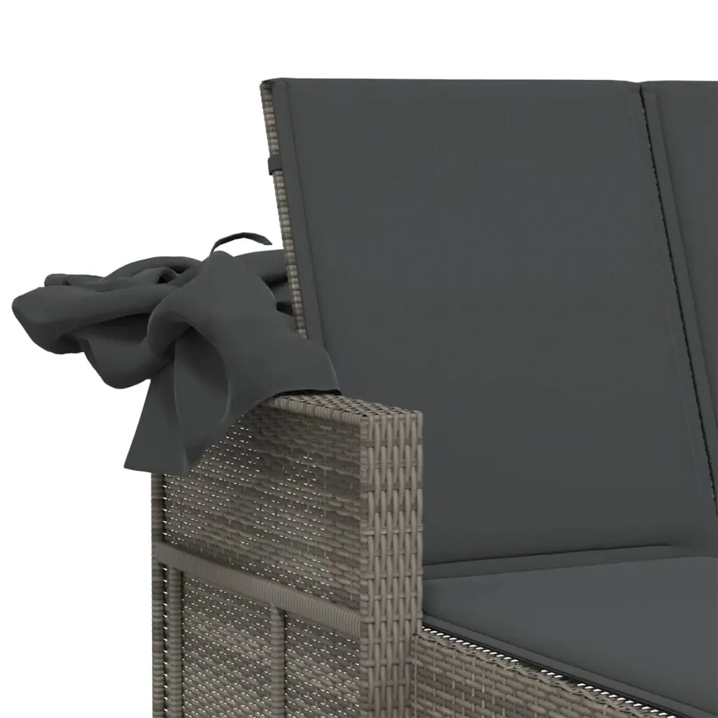 Double Sun Lounger Grey PE Rattan Outdoor Seating Adjustable Backrest Retractable Canopy Thick Cushions