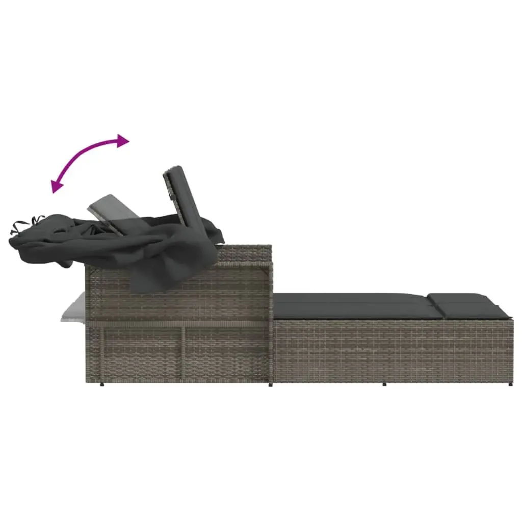 Double Sun Lounger Grey PE Rattan Outdoor Seating Adjustable Backrest Retractable Canopy Thick Cushions