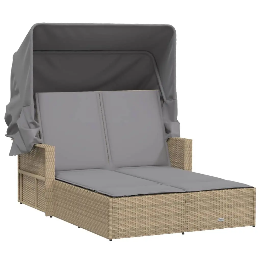 Double Sun Lounger Poly Rattan Beige Outdoor Furniture with Canopy Cushions