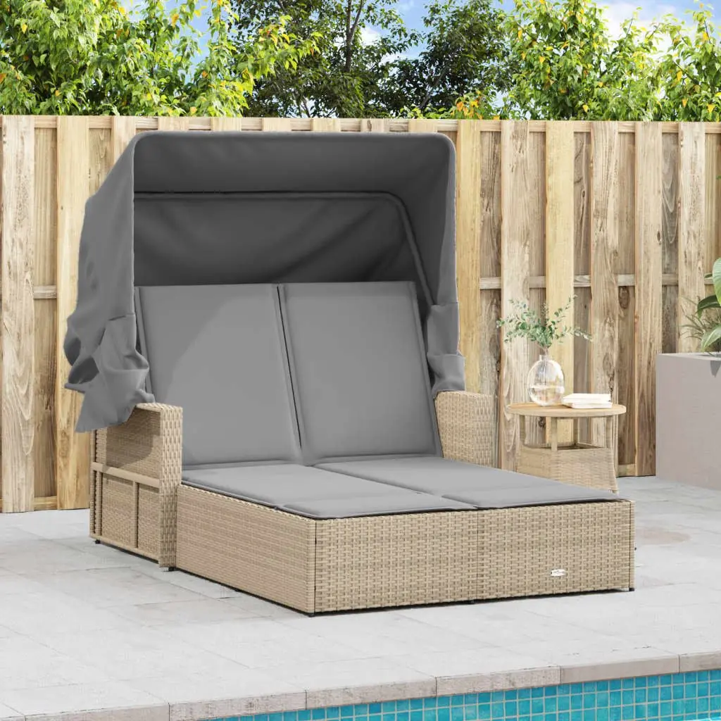 Double Sun Lounger Poly Rattan Beige Outdoor Furniture with Canopy Cushions