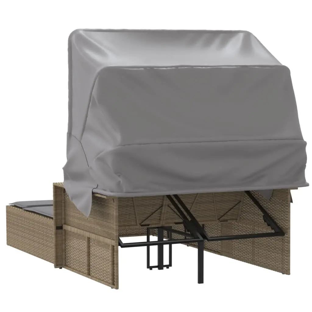 Double Sun Lounger Poly Rattan Beige Outdoor Furniture with Canopy Cushions
