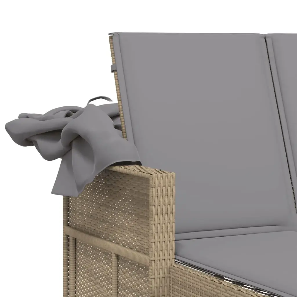 Double Sun Lounger Poly Rattan Beige Outdoor Furniture with Canopy Cushions