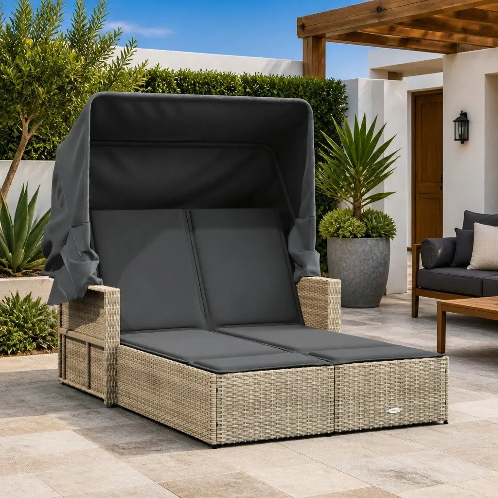 Double Sun Lounger PE Rattan Adjustable Backrest Cushions Grey
