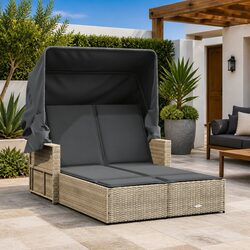 Double Sun Lounger Outdoor Furniture Canopy Adjustable Backrest Cushions Grey