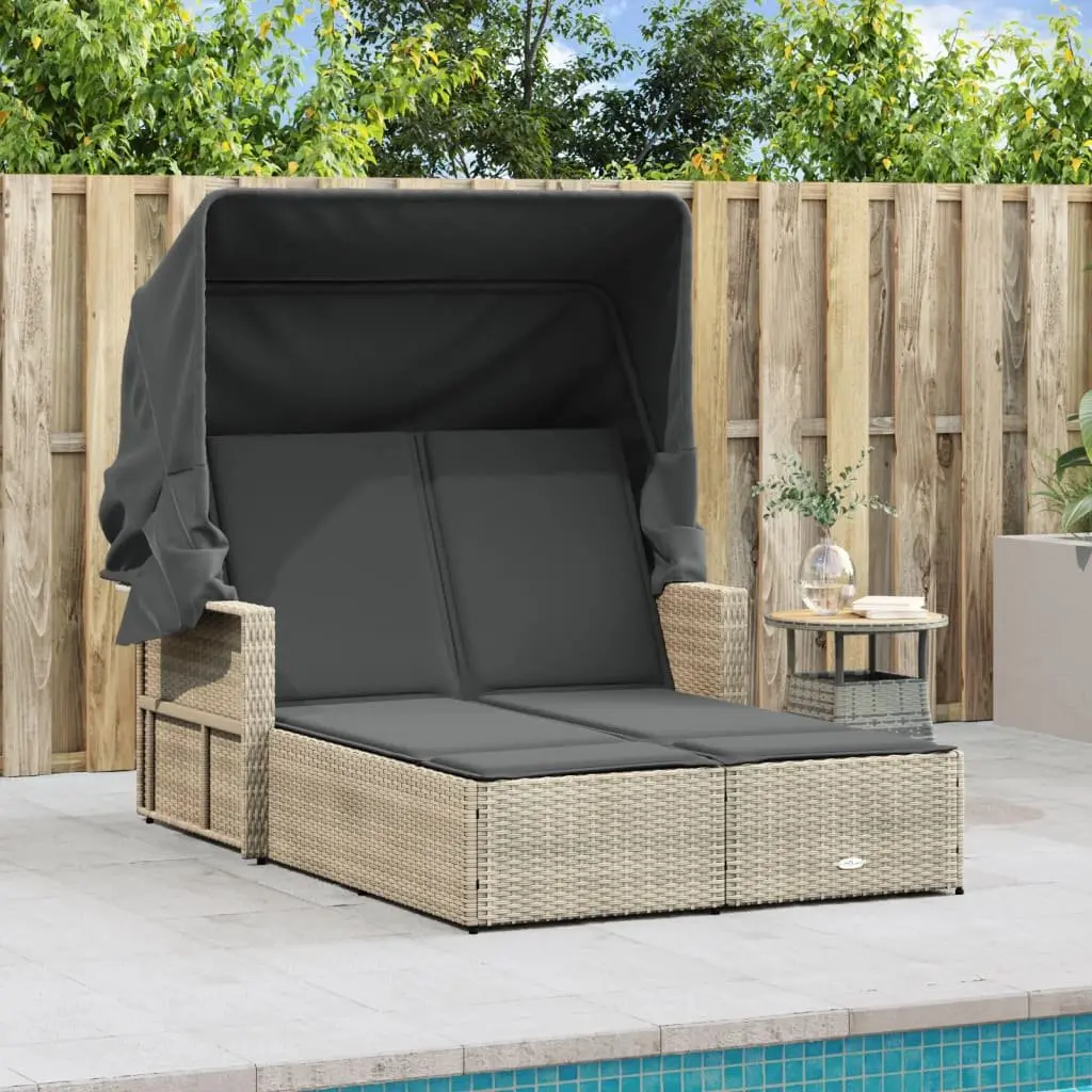 Double Sun Lounger PE Rattan Adjustable Backrest Cushions Grey