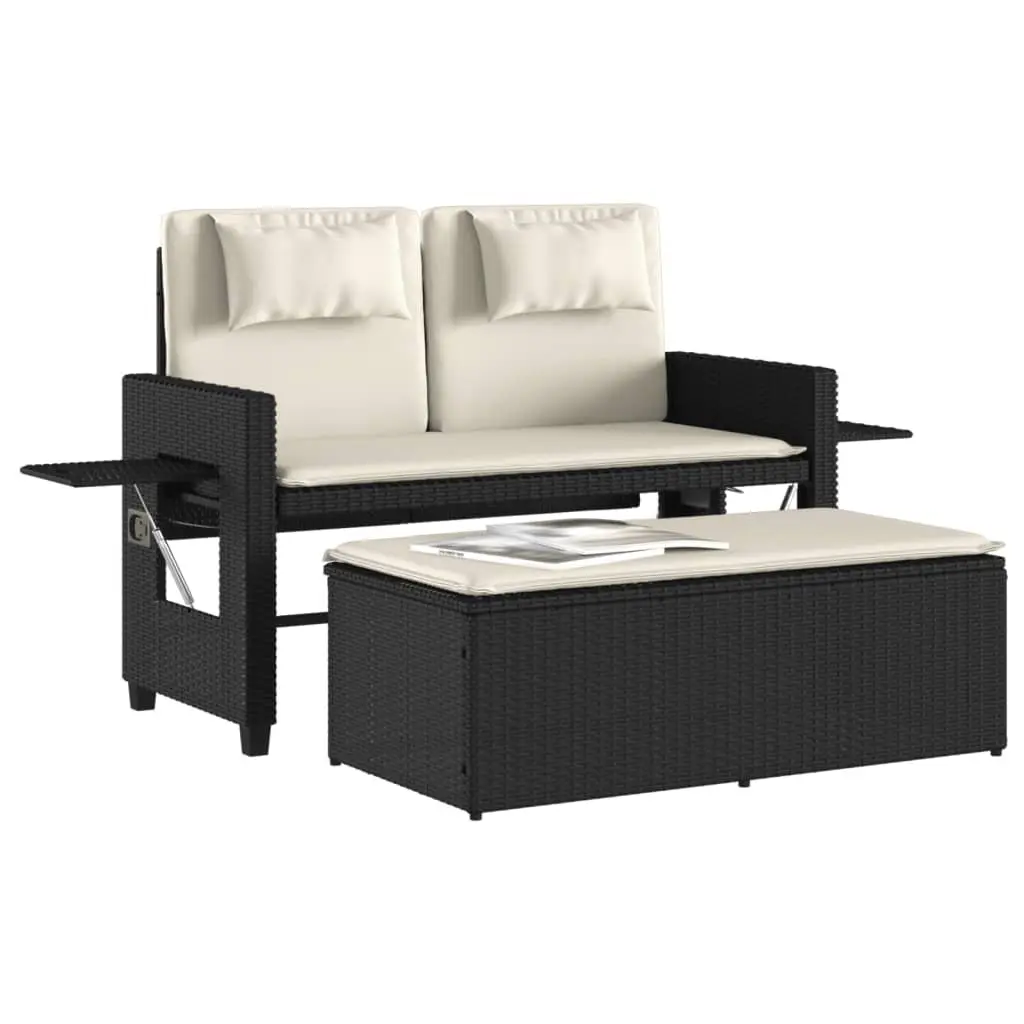 Reclining Garden Bench PE Rattan 2-in-1 Loveseat Sofa Bed Black