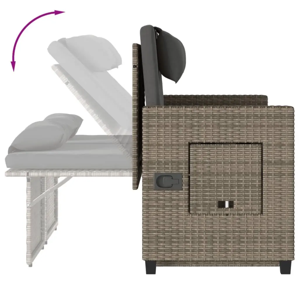 Reclining Outdoor Loveseat Sofa Bed Grey PE Poly Rattan Garden Bench with Adjustable Backrest and Foldable Side Tables