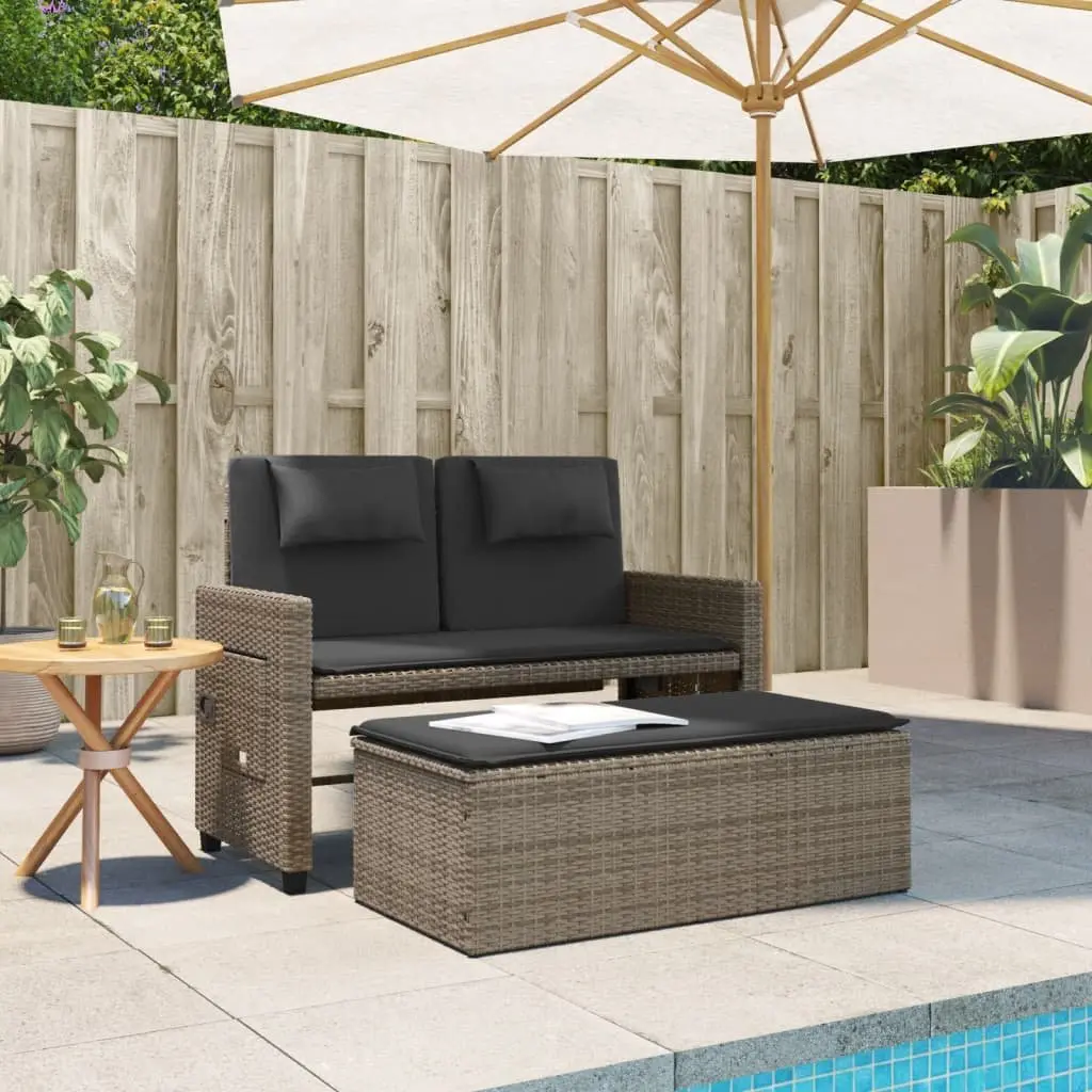 Reclining Outdoor Loveseat Sofa Bed Grey PE Poly Rattan Garden Bench with Adjustable Backrest and Foldable Side Tables